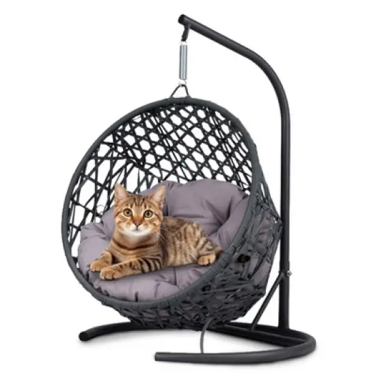 LOVSON Swinging Cat Bed with Stand and Cushion, Rattan Wicker Styled Cat Egg Chair for Cats and Small Pets, Gray image {5}