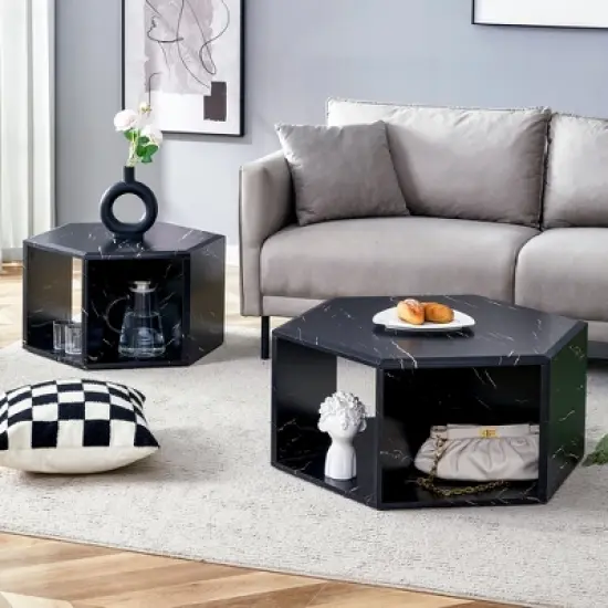 Syemin End Tables, Modern Hexagonal Coffee Table with Storage Space, Suitable for Living Room, Study Room, Bedroom, Black, 25"*21.6"*14" image {6}