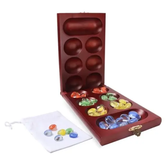 GSE Folding Wooden Mancala Board Game with Multi-Color Glass Stones and Storage Bag, Travel Game - Oak/Mahogany image {7}