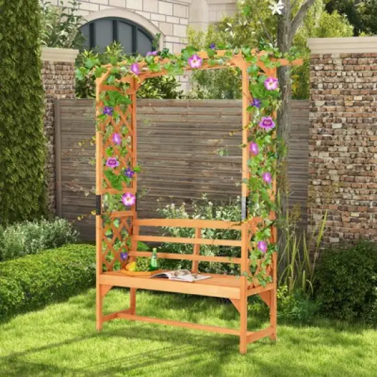 Tangkula Patio Arbor Garden Archway w/ Pergola Bench & Side Trellises for Climbing Plants Vines Grapes 2-Seat Wooden Outdoor Bench Backyard Decoration image {1}