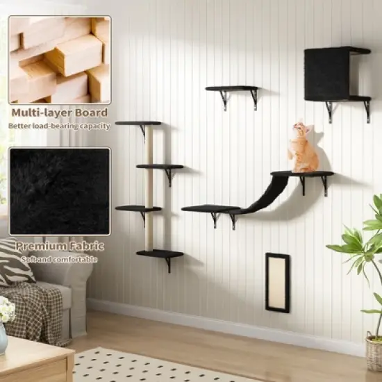 Sandinrayli Cat Wall Shelves - Wall-Mounted Set of 5, Floating Perches & Hanging Beds, Modern Furniture for Large Cats/Kitties (Black) image {5}