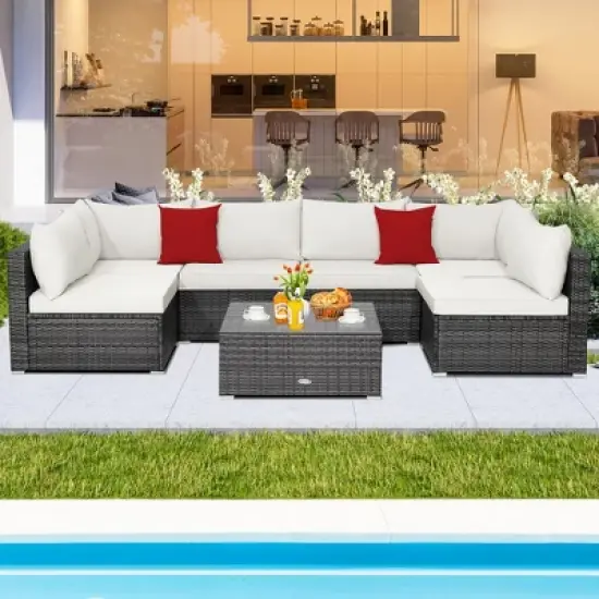 Costway 7PCS Patio Rattan Furniture Set Sectional Sofa Cushioned Garden image {12}