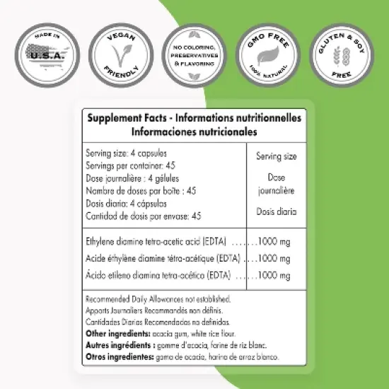 Supersmart EDTA 1000mg per Day - Calcium Disodium EDTA Supplement | Non-GMO & Gluten Free - 180 Vegetarian Capsules image {2}
