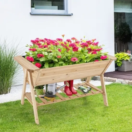 Costway 59'' x 31'' x 32.5'' Raised Garden Bed w/ Shelf Wood Elevated Planter Box w/ Liner image {3}