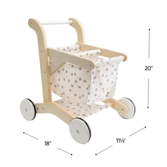 Hearthsong Wooden Shopping Cart for Pretend Play with Natural Finish, Real Rolling Wheel and Removable Cloth Basket image {3}