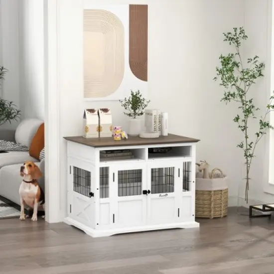 PawHut Dog Crate Furniture Side End Table with Storage, 41" Modern Wooden Dog Kennel Furniture with Double Doors for Small and Medium Dogs, White image {1}