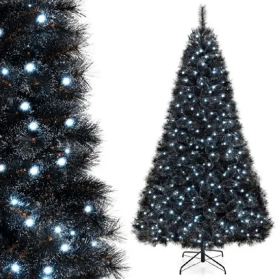 Tangkula 8/7/6 FT Black Artificial Halloween Tree Pre-lit Hinged Full Xmas Tree w/ Branch Tips Pine Needles Cold White LED Lights image {10}