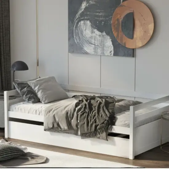 Costway Twin Size Trundle Daybed Wooden Slat Support Mattress Platform for Kids EspressoWhite image {2}