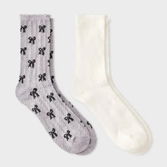 Women's Scallop Edge All-Over Bows and Pointelle 2pk Crew Socks - Auden&trade; Heather Gray/Black/Ivory 4-10 image {3}