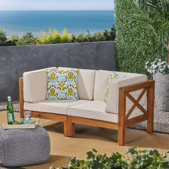 GDFStudio Keith Outdoor Acacia Wood Loveseat with Cushions image {8}