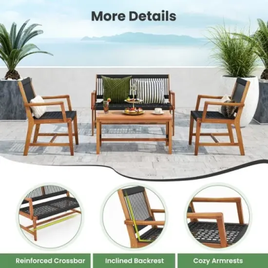 Costway Patio 4pcs Acacia Wood Conversation Table & Chair Set Hand-Woven Rope Outdoor image {7}