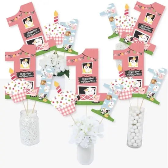 Big Dot of Happiness 1st Birthday Girl Farm Animals - Pink Barnyard First Birthday Party Centerpiece Sticks - Table Toppers - Set of 15 image {1}