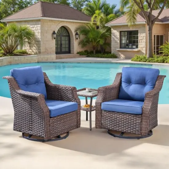 Buenhomino 3-Piece Outdoor Wicker Swivel Rocker Chair Set with Side Table, All-Weather PE Rattan Glider Chairs with Cushions for Patio or Deck image {1}