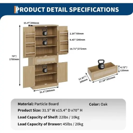 70" Tall Kitchen Pantry Cabinet, Handwoven Rattan Doors, Adjustable Shelves, 1 Drawer, Storage Cupboard, Oak Finish image {1}