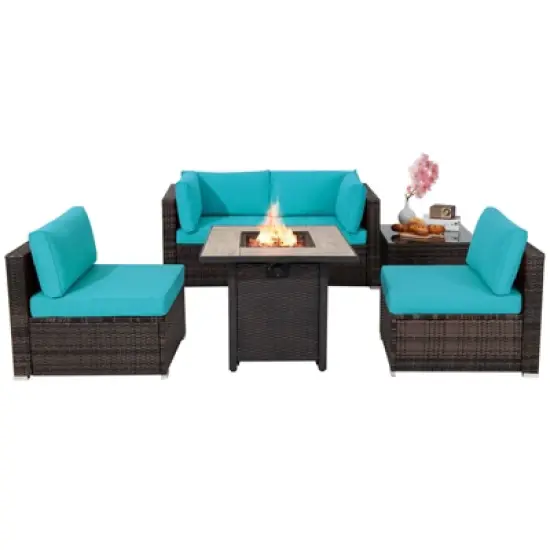 Tangkula 6 PCS Patio Wicker Furniture Set With 30" Gas Fire Pit Table 50,000 BTU Black/Red/Turquoise/Navy/White  Cushions image {12}