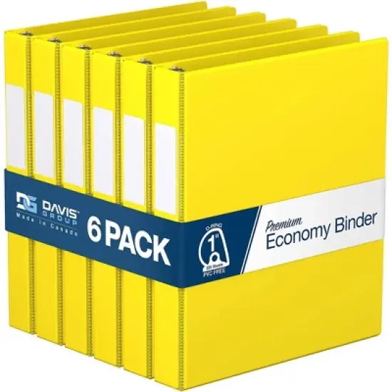 Davis Group 6pk 1" Premium Economy Angled D-Ring Binder Yellow: Hard Cover, 225 Sheet Capacity, 2 Pockets, Polypropylene image {8}