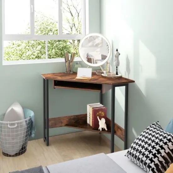 Costway Triangle Corner Computer Desk Small Space Study Desk Home Office w/Keyboard Tray image {2}