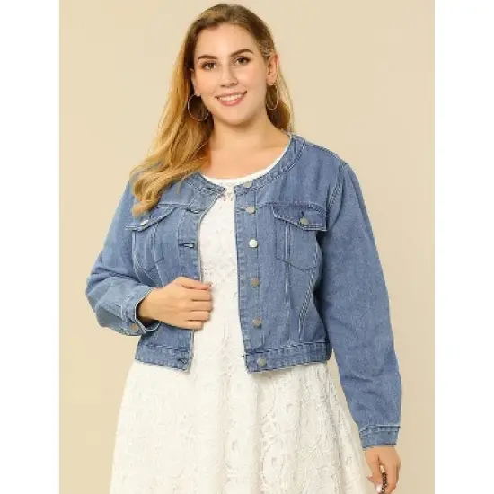Agnes Orinda Women's Plus Size Long Sleeves Button Down Crew Neck Short Denim Jacket image {1}