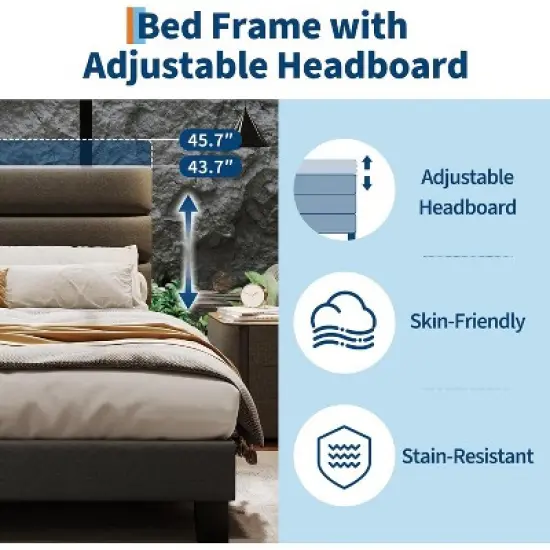 Full/ Queen/ King Bed Frame with Adjustable Headboard, Fabric Upholstered and Wooden Slats Support, Heavy Duty Mattress Foundation image {3}