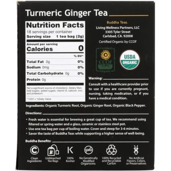 Buddha Teas Turmeric Ginger Tea - Case of 6/18 Bags image {2}