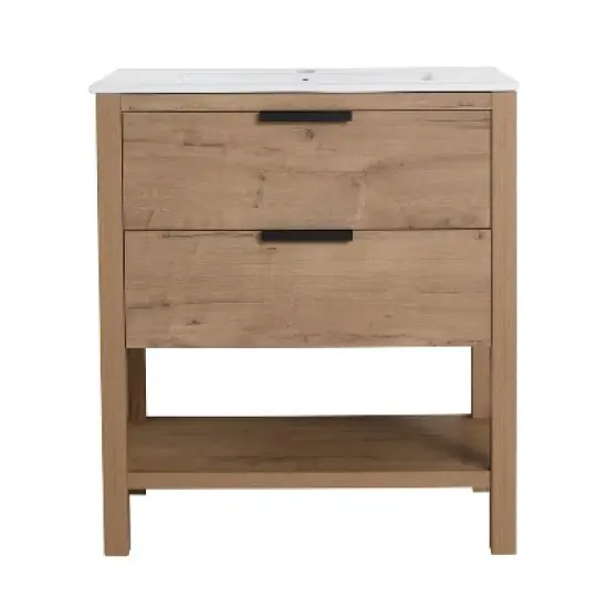 30" Bathroom Vanity with 2 Drawers and 1 Ceramic Sink, Oak - ModernLuxe image {5}