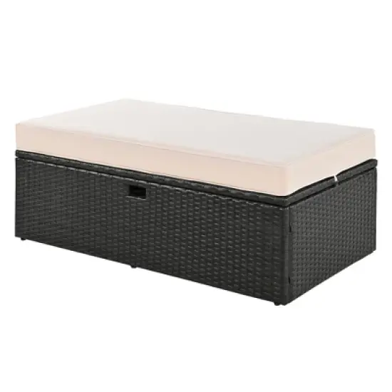 2-Piece Outdoor Rattan Daybed with 5 Tilt Angles, Lounge Roof Set Patio Sofa Loveseat Cushioned Chair with Bench, Beige/Gray-HABITRIO image {12}