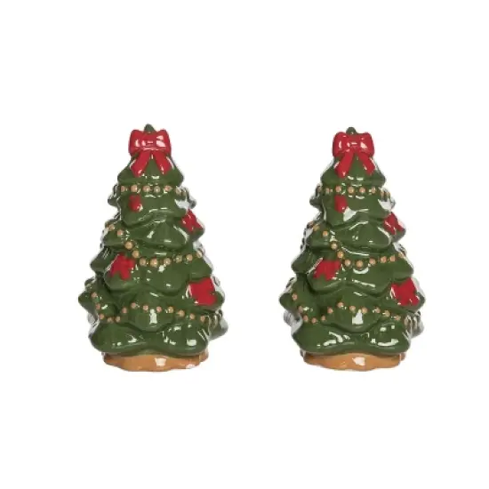 Transpac Dolomite Bow Trees Salt and Pepper Shaker Set Ceramic Christmas Decor for Festive Gatherings Gift Hostess image {1}
