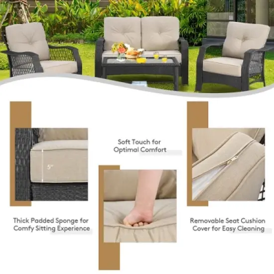 Costway 4PCS Patio Wicker Furniture Set Loveseat Sofa Coffee Table W/ Cushion image {7}