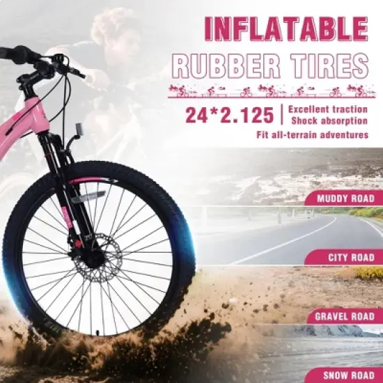 NAYSAYE Mountain Bike for Girls and Boys 24 Inch Steel Frame with 6-Speed Gear System for Outdoor Adventures, Pink, 61.42"*23.63"*36.62" image {2}