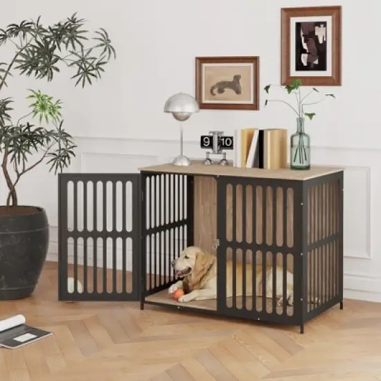 PawHut Dog Crate Furniture, 39" Dog Cage Furniture End Side Table w/ Anti-Chew Resistant Mesh, Anti-Escape Single Door, for Large Dogs, Walnut Brown image {1}