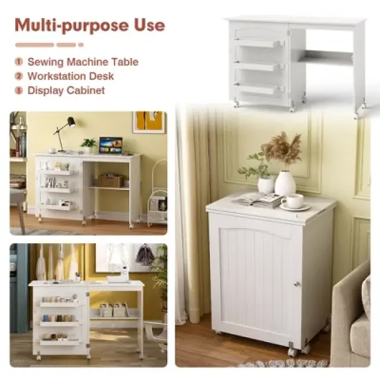 Costway White Folding Sewing Craft Table with Storage Shelves Cabinet Lockable Wheels image {3}