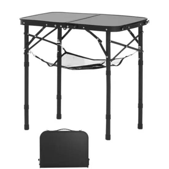 VEVOR Folding Camping Table, Adjustable Height Portable Side Tables, Aluminum MDF Beach Table with Mesh Layer, Carrying Handle, 24x16in, Black image {8}