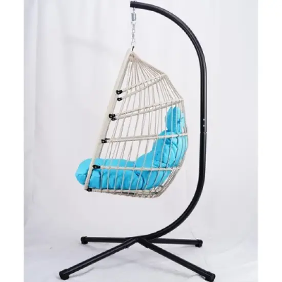 DOMETOUR Outdoor Egg Hanging Chair with Stand, Patio Wicker Swing Egg Chair Indoor Swinging Chair Outdoor Hammock Egg Chair BLUE image {2}