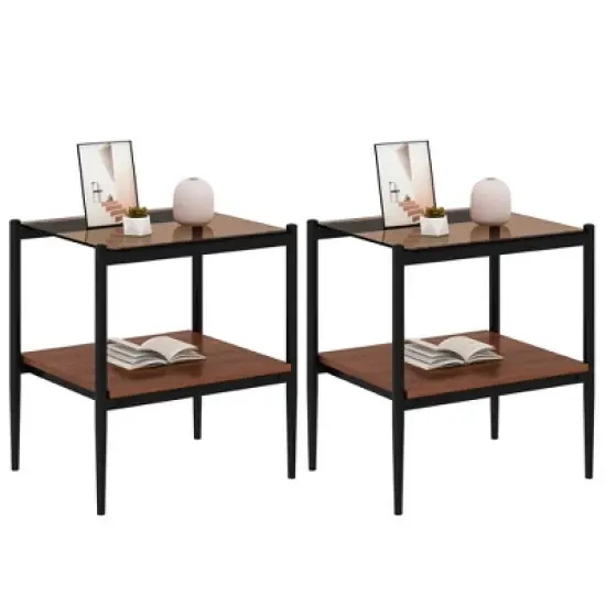 KWPZQEB Set of 2 Rectangle End Table with Tempered Glass Tabletop, Nightstand with 2-Layer Storage Shelves for Small Spaces, Living Room, Bedroom image {7}