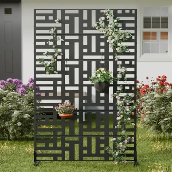 PexFix 72 in. H x 47 in. W Outdoor Metal Helen Street Black Galvanized Panel Screen Garden Fence Brick Pattern Walls image {1}