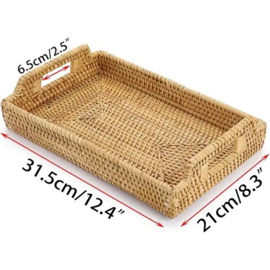 BRINJOY Handwoven Rattan Tray with Handles - 12.4x8.3 inch Rectangular Storage Basket for Breakfast, Snacks, Coffee Table Organization image {2}