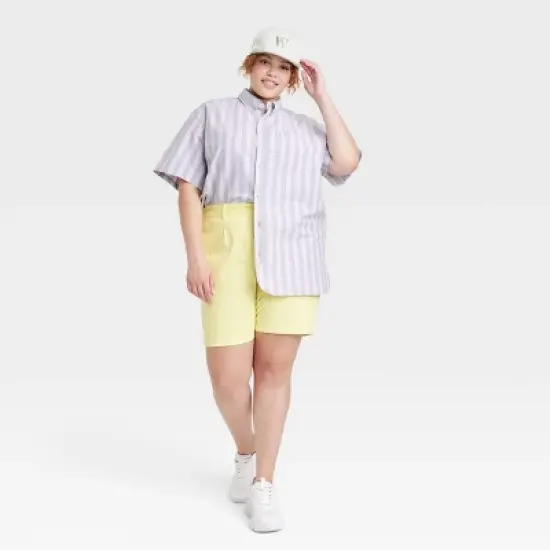 Houston White Adult Short Sleeve Oxford Woven Button-Down Shirt - Purple Striped image {2}