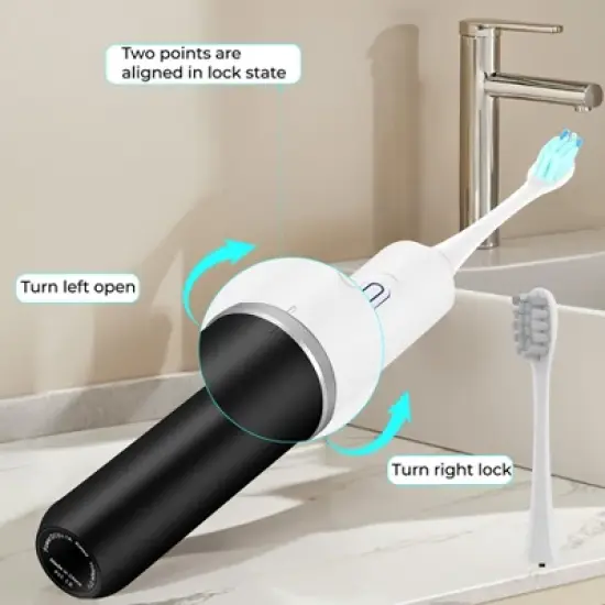 Portable Travel Electric Sonic Toothbrush Battery Operated, 2 Brush Heads Included - Black/White image {5}
