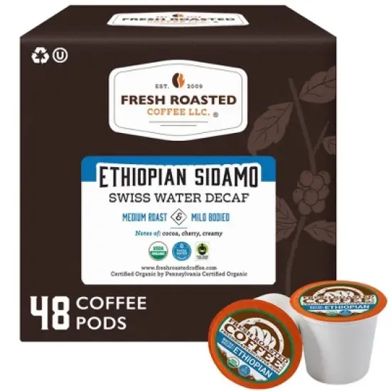 Fresh Roasted Coffee - 48 CT Organic Ethiopian Sidamo Decaf Medium Roast Single Serve Pods image {9}