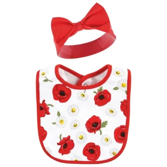 Hudson Baby Infant Girl Cotton Bib and Headband or Caps Set, Poppy Daisy, One Size image {3}