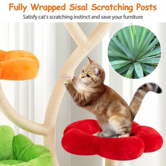 Tangkula 64" Multi-layer Cat Tower w/4 Colorful Flower-shaped Platforms Scratching Posts image {4}