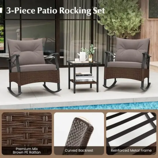 Costway 3 PCS Patio Rocker Set with 2-Tier Coffee Table & Soft Seat Back Cushions Outdoor image {8}