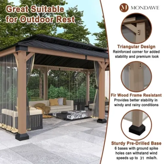 Mondawe 12x20Ft. Outdoor Solid Wood Frame Patio Gazebo Galvanized Steel Hardtop with Netting image {4}