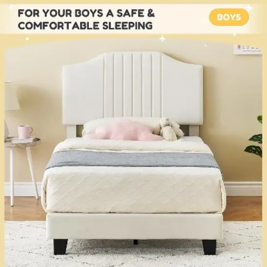 DobleePy Twin Plus Size Beige Kids Bed, Sturdy Velvet Headboard, Oak Wood Slats, Squeak Resistant, No Box Spring Needed, Easy Assembly image {6}