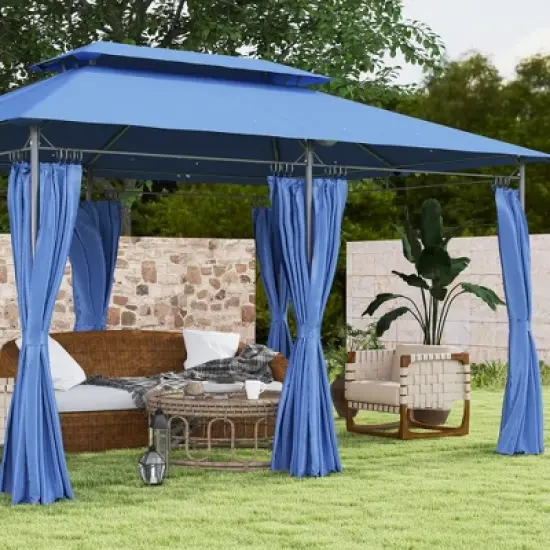 Outsunny&nbsp;10'&nbsp;x&nbsp;13' Patio Gazebo, Double Roof Outdoor Gazebo with Curtains and Metal Frame for Garden, Lawn, Backyard and Deck, Dark Blue image {4}
