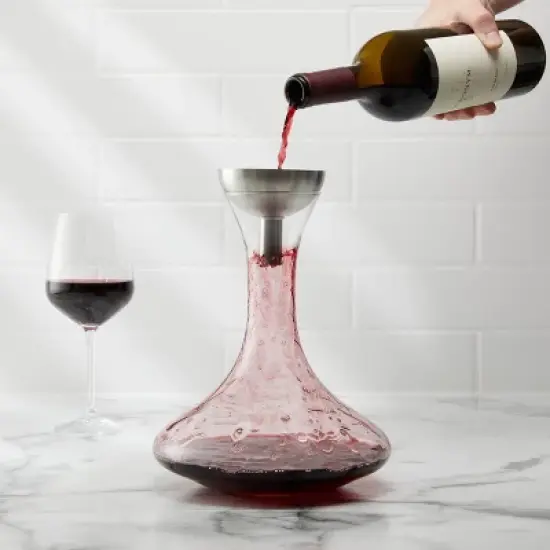 Houdini 48 fl oz Wine Decanter: Glass Beverage Server, Stainless Steel, Hand Wash, Cold Drinks, 2-Piece Set image {2}