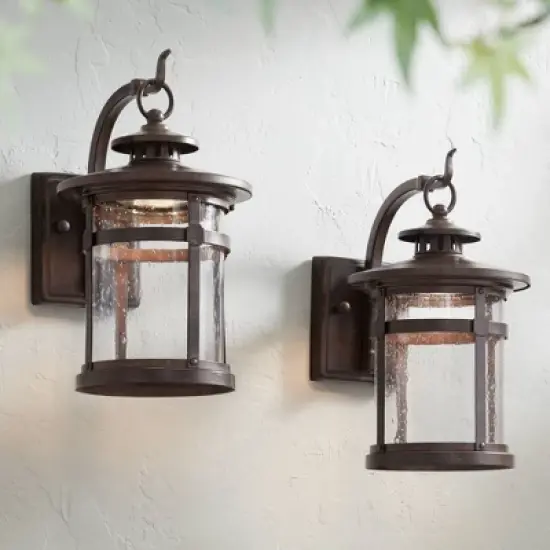 Franklin Iron Works Callaway Rustic Industrial Outdoor Wall Light Fixtures Set of 2 Bronze LED 11 1/2" Clear Seedy Glass for Post Exterior image {1}