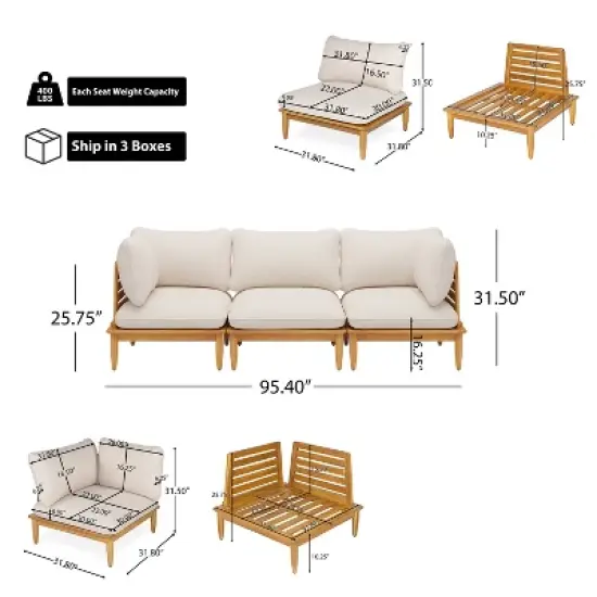 Scott Living Sacova Outdoor Acacia Wood 3-Seater Sofa, Teak Finish Frame with Beige Cushion image {3}