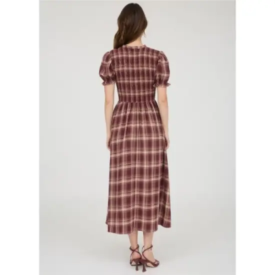 August Sky Women's Plaid Front Tie Smocked Midi Dress image {1}