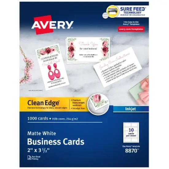 Avery Clean Edge Printable Business Cards with Sure Feed Technology, 2" x 3.5", White, 1,000 Blank Cards for Inkjet Printers (08870) image {9}